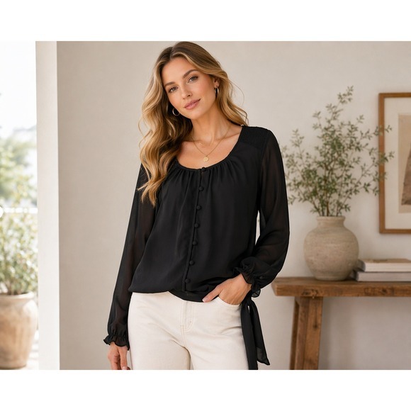 White House Black Market Tops - White House Black Market Black Sheer Chiffon Peasant Blouse Long‎ Sleeve S